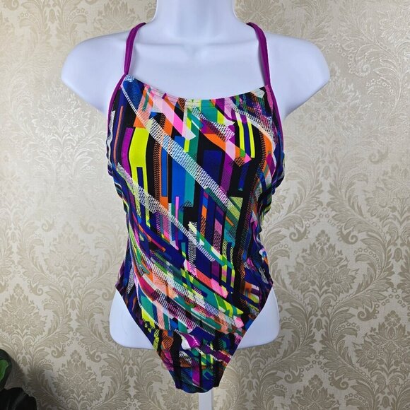 Speedo Pro LT Size 8 One Piece Swimsuit Multicolor Pattern Crossback Straps - Picture 1 of 11